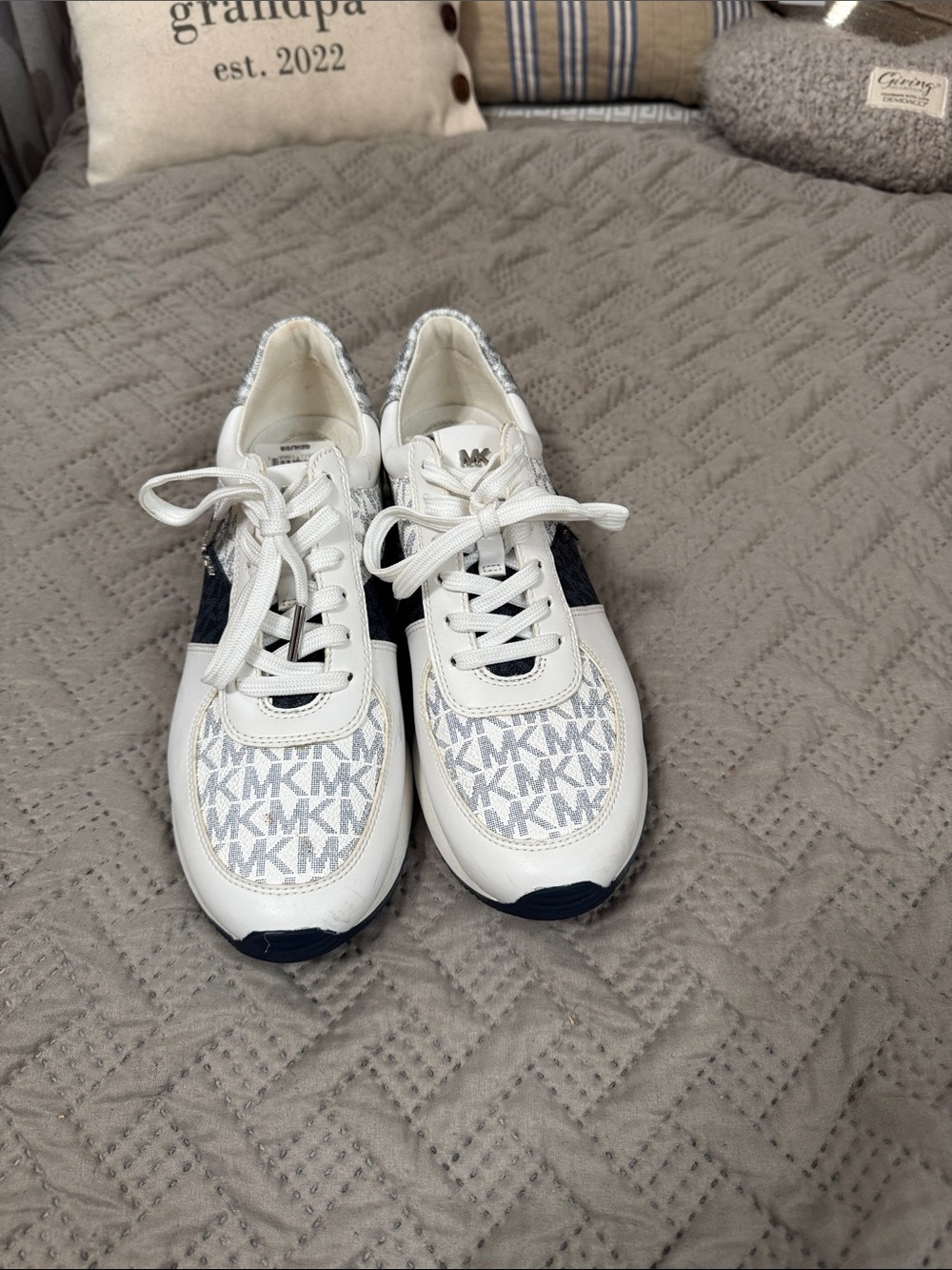 Michael Kors White and Navy MK Logo Lace-Up Sneakers